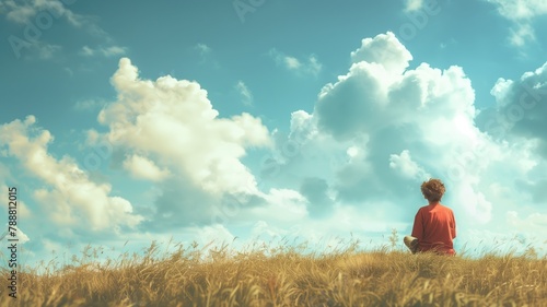 Person sitting in field looking at sky © Татьяна Макарова