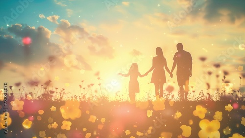 Silhouette of family holding hands at sunset in field flowers
