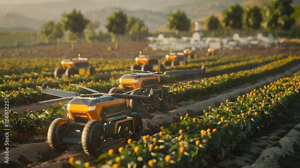 Smart farm concept. Next-gen farming showcased by a fleet of agricultural drones and robotic equipment working in sync in a large, organized farm landscape. Smart farm concept. Next-gen farming showcased by a fleet of agricultural drones and robotic equipment working in sync in a large, organized farm landscape.