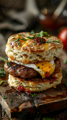Beautiful presentation of Sausage, Egg, and Cheese Biscuit, hyperrealistic food photography
