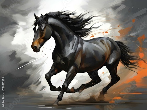 Dynamic Equine  Black Stallion in Motion - Abstract Digital Painting