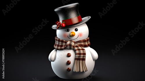 This is a 3D rendering of a snowman. The snowman is wearing a black top hat with a red ribbon and a brown scarf.