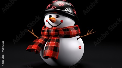 3D rendering of a cute snowman wearing a black helmet with red and white snowflake decals and a red and black checkered scarf. photo