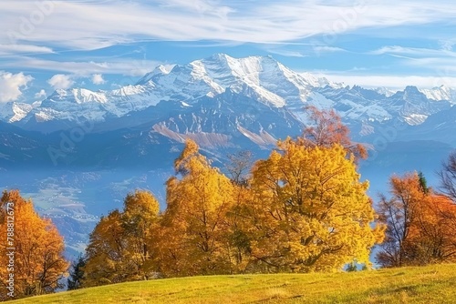 majestic autumn landscape in the alps with golden foliage and snowcapped peaks created with technology