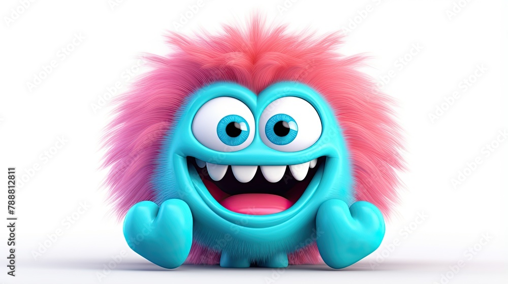 Cute and colorful 3D rendering of a pink and blue furry creature smiling with its hands on its chest. Cute and colorful 3D rendering of a pink and blue furry creature smiling with its hands on its chest.