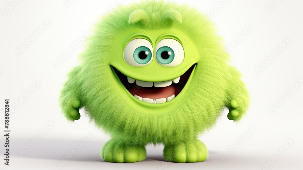 Fototapeta premium 3D rendering of a cute and friendly green monster. The monster has big blue eyes and a toothy grin.