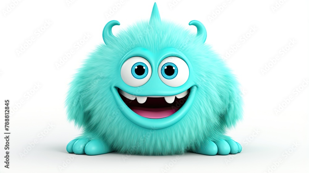 Naklejka premium 3D rendering of a cute and friendly blue monster. The monster has big blue eyes, a wide smile, and is covered in soft fur.