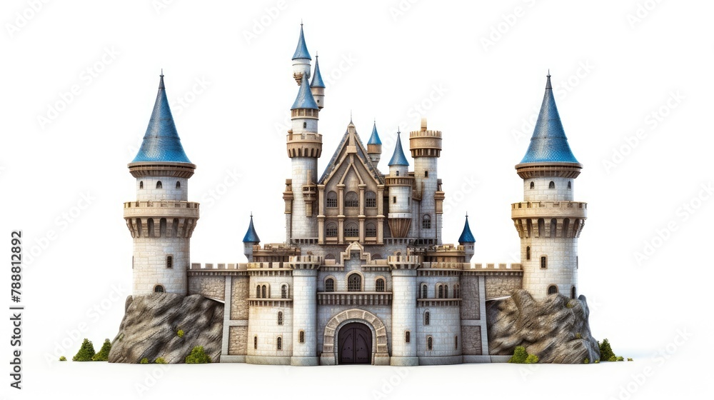 A majestic castle stands tall and proud, its spires reaching towards the sky. The castle is made of gray stone and has blue accents on the roof. A majestic castle stands tall and proud, its spires reaching towards the sky. The castle is made of gray stone and has blue accents on the roof.