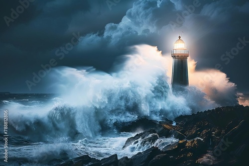 majestic lighthouse illuminated by stormy waves crashing against rocky coast dramatic seascape photo photo