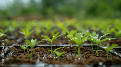 A vibrant bed of young rice seedlings about 9 10 days old getting ready for transplantation in the rainy monsoon season