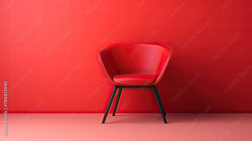Minimalist design. 3D rendering of a red chair against a red background. The chair is made of leather and has a modern design. Minimalist design. 3D rendering of a red chair against a red background. The chair is made of leather and has a modern design.