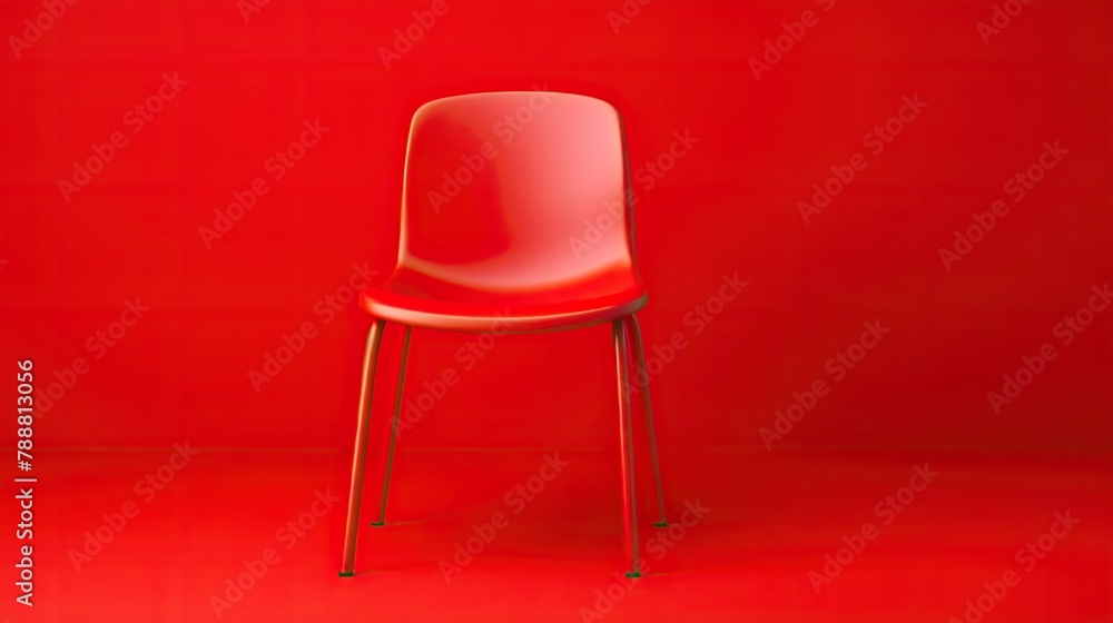 A simple red chair sits in the middle of a red room. The chair is made of plastic and has a modern design. The room is empty except for the chair. A simple red chair sits in the middle of a red room. The chair is made of plastic and has a modern design. The room is empty except for the chair.