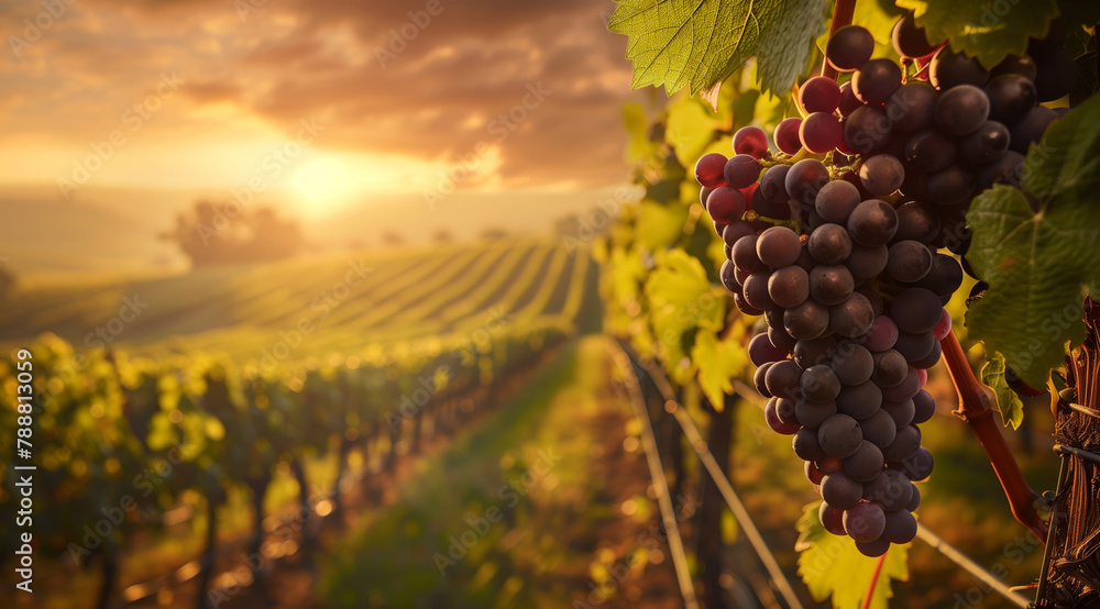 Naklejka premium Bright ripe dark grape on a branch overlooking a sunset landscape with vineyards
