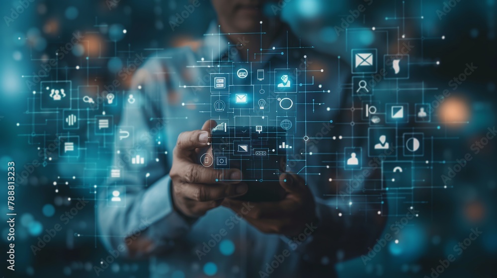 Digital technology and global network concepts with a businessman holding a smartphone showing digital marketing icons on a virtual screen background. Digitalization of business using modern technolog Digital technology and global network concepts with a businessman holding a smartphone showing digital marketing icons on a virtual screen background. Digitalization of business using modern technolog