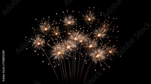 Glowing dandelion-like fireworks isolated on black background.