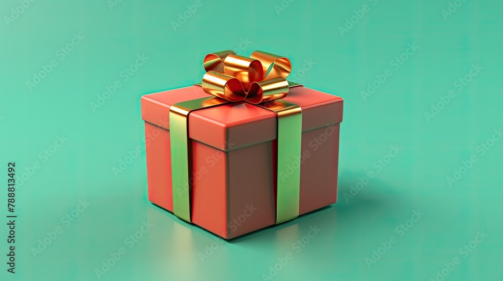 A beautiful red gift box with a gold ribbon and bow on a green background. A beautiful red gift box with a gold ribbon and bow on a green background.