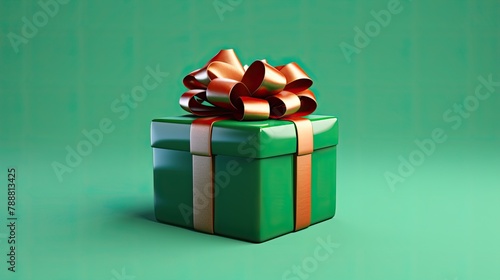A green gift box with a red ribbon and a bow on a green background. The box is wrapped in a shiny paper and has a gold ribbon wrapped around it.
