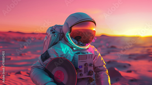 Astronaut with LP record, sunset as background photo