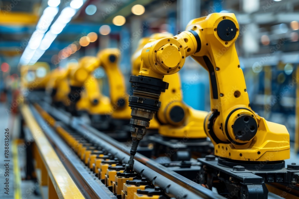 Row of Robotic Arms on a Conveyor Belt