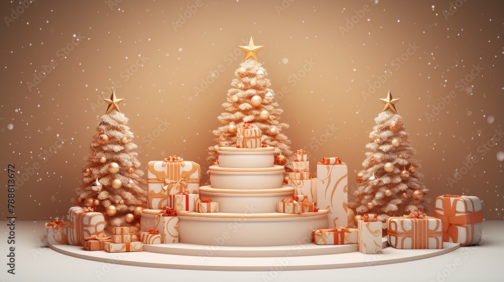 Obraz premium This is a beautiful image of a Christmas display. There are three Christmas trees, decorated with gold and silver ornaments.