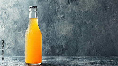 Bottle of Raw Kombucha Fermented Drink on a Gray Table Background with Space for Text