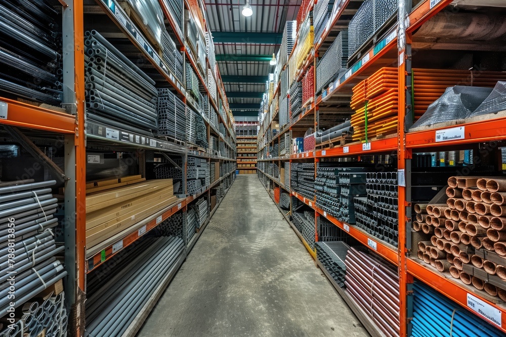 Fototapeta premium A large warehouse with many shelves of pipes and other items. The pipes are in various sizes and colors