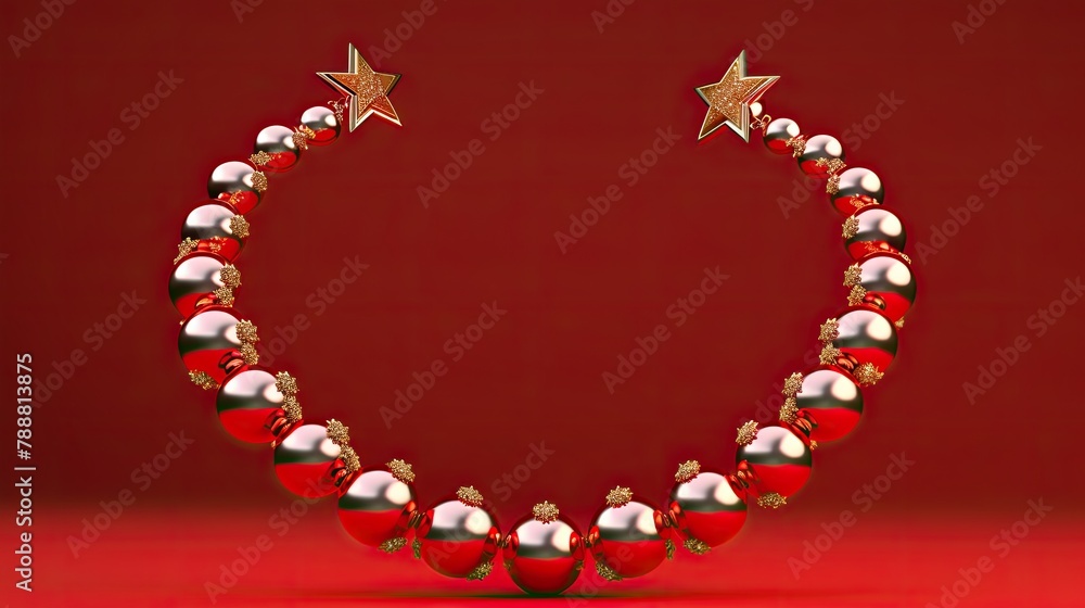 Obraz premium Red and gold Christmas balls wreath on a red background. 3D rendering.