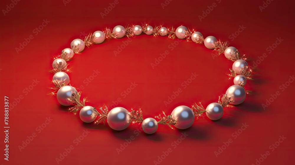 Obraz premium 3D rendering of a Christmas wreath made of white pearls and golden fir branches on a red background.