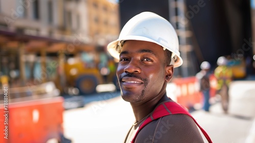 African american construction worker wearing white hardhat portrait on sunny day against construction machinery background