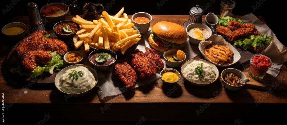 Fast food on a wooden table in a restaurant. Restaurant menu.