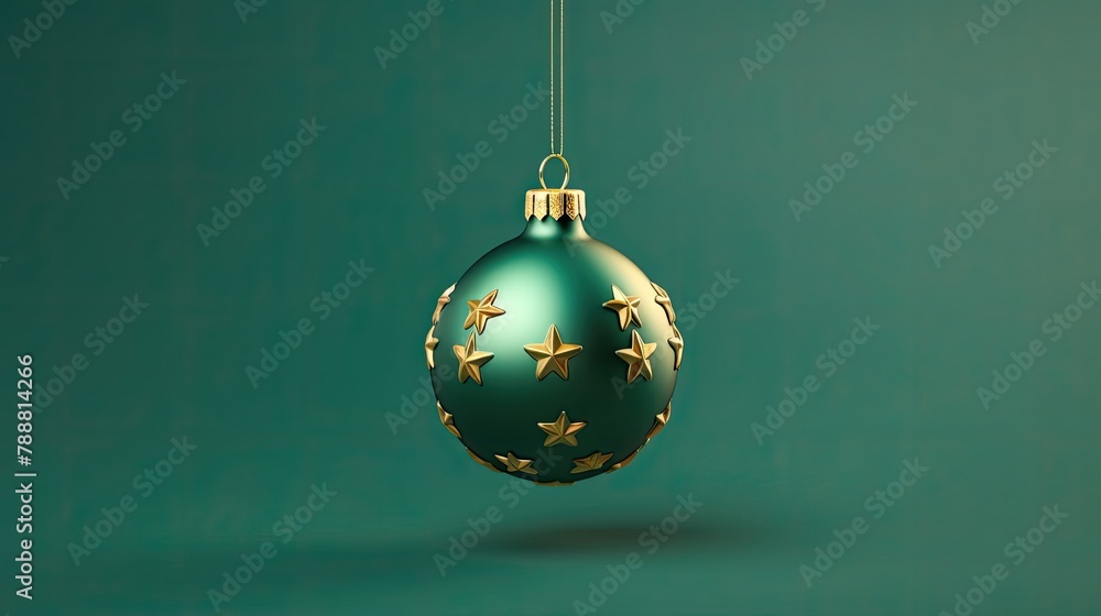 A beautiful green Christmas ornament with gold stars hanging from a gold string against a dark green background. A beautiful green Christmas ornament with gold stars hanging from a gold string against a dark green background.