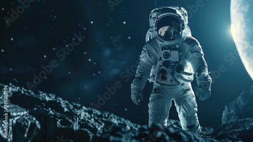 Astronaut on lunar surface with stars in background photo