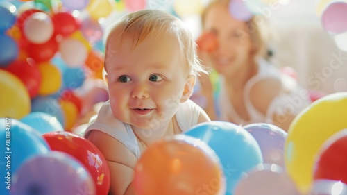Baby with blue eyes surrounded by colorful balloons, woman in background
