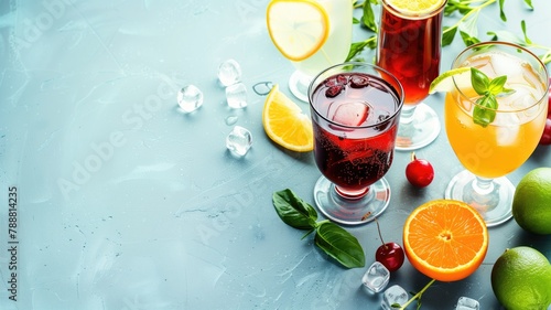 Assorted refreshing beverages with citrus fruits and ice cubes on blue surface photo