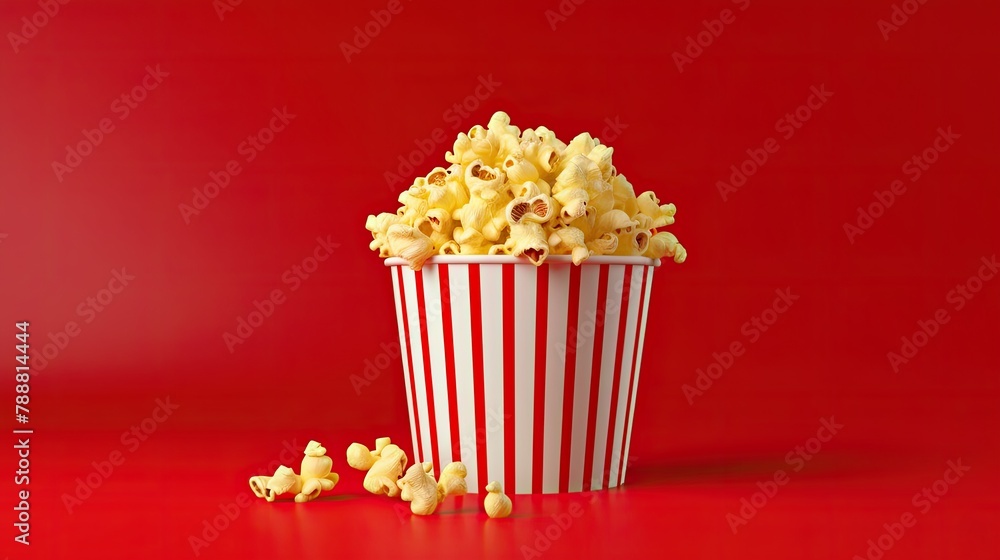A large red and white striped popcorn bucket is sitting on a red table. The bucket is full of popcorn and some of it is spilling out onto the table. A large red and white striped popcorn bucket is sitting on a red table. The bucket is full of popcorn and some of it is spilling out onto the table.