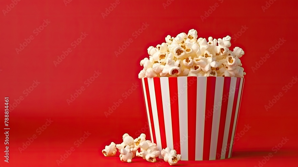 A red and white striped popcorn bucket is sitting on a red background. The bucket is full of popcorn and there are some kernels spilled on the table. A red and white striped popcorn bucket is sitting on a red background. The bucket is full of popcorn and there are some kernels spilled on the table.