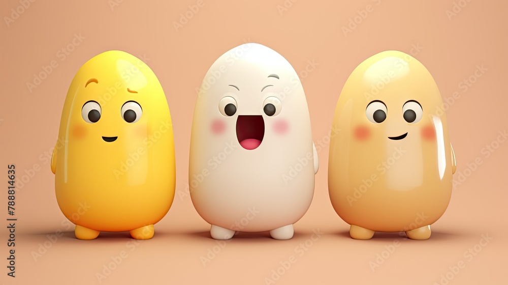3D rendering of three cute cartoon eggs with different facial expressions. The eggs are yellow, white, and beige. 3D rendering of three cute cartoon eggs with different facial expressions. The eggs are yellow, white, and beige.