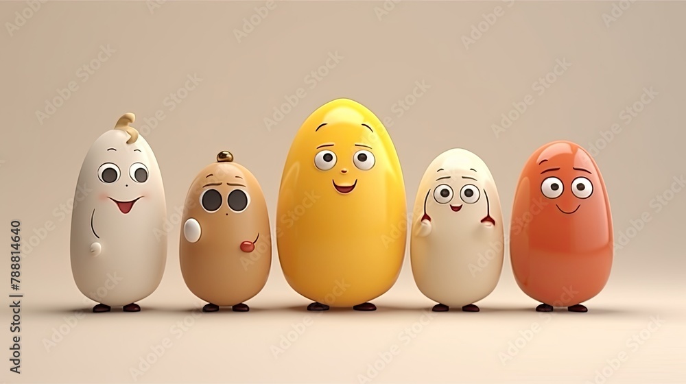 Five cute and colorful cartoon eggs with different facial expressions. They are all standing in a row against a beige background. Five cute and colorful cartoon eggs with different facial expressions. They are all standing in a row against a beige background.