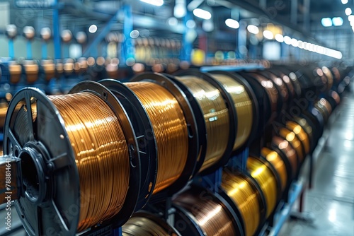 A row of gold and bronze colored wires are hanging from a rack. The wires are in various lengths and are arranged in a neat and orderly fashion. Concept of organization and precision