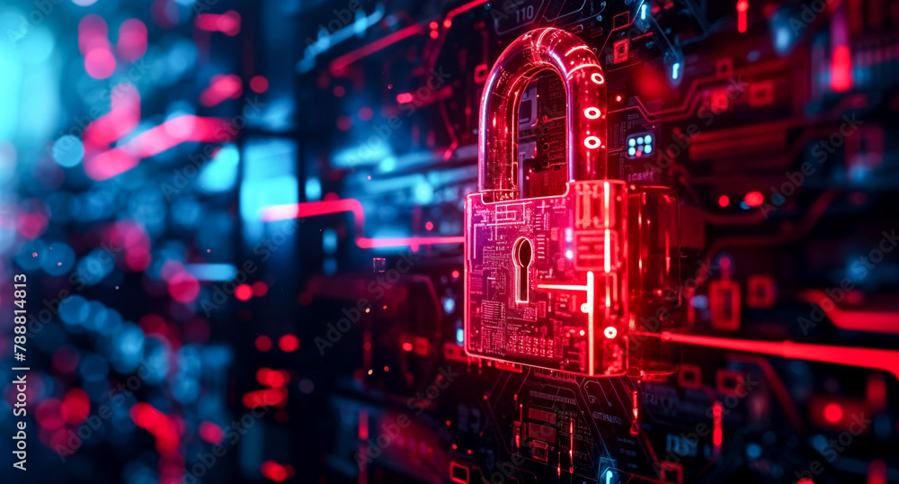 Futuristic digital security red padlock on an electronic screen background. Futuristic digital security red padlock on an electronic screen background.