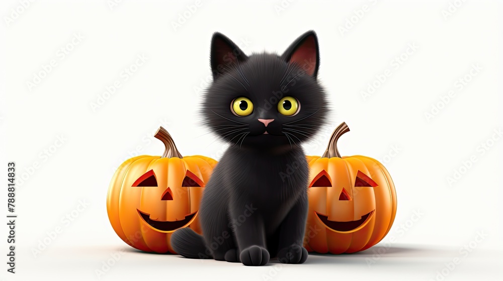 A cute black cat is sitting between two jack-o'-lanterns. The cat has big yellow eyes and a curious expression on its face. A cute black cat is sitting between two jack-o'-lanterns. The cat has big yellow eyes and a curious expression on its face.