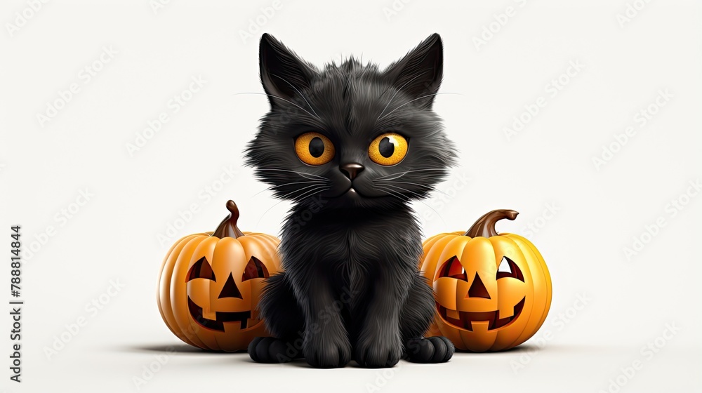 A cute black cat sitting between two jack-o'-lanterns. The cat has big round orange eyes and a friendly expression. A cute black cat sitting between two jack-o'-lanterns. The cat has big round orange eyes and a friendly expression.