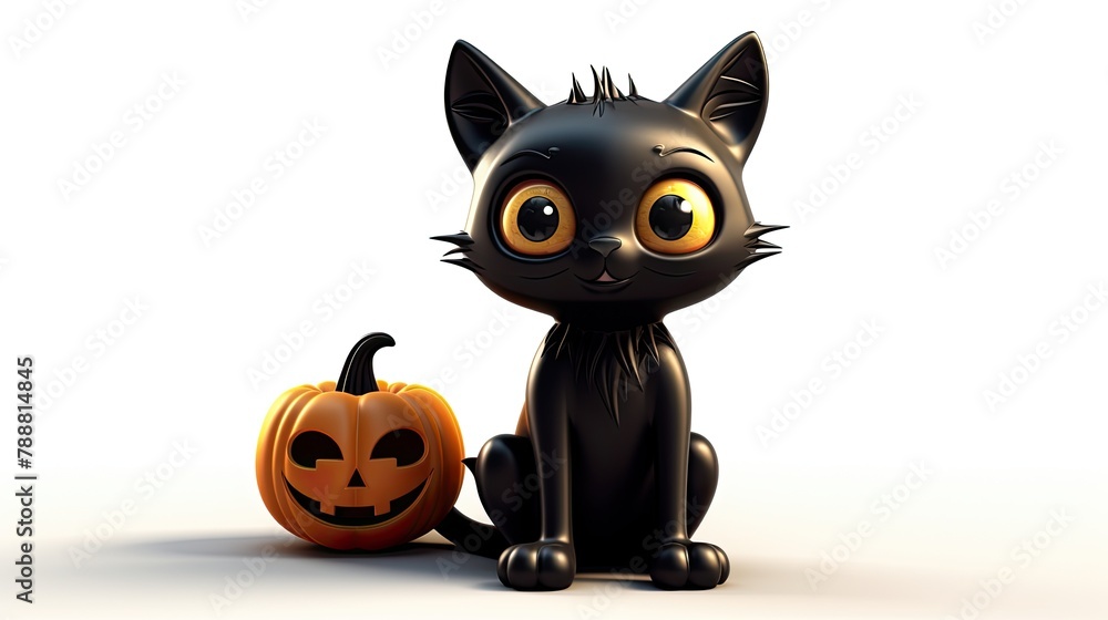 A cute black cat is sitting next to a jack-o'-lantern. The cat has big, round eyes and a friendly expression.