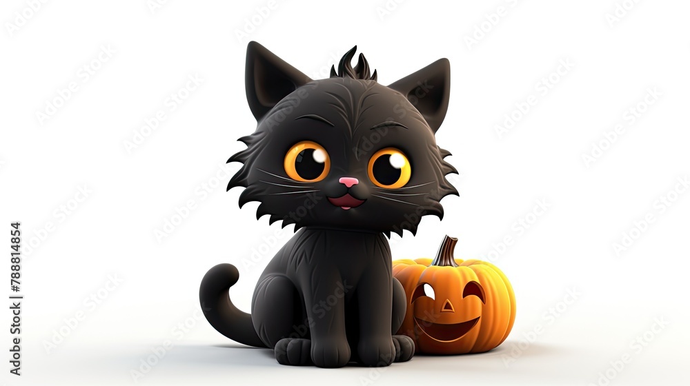 A cute black cat is sitting next to a jack-o-lantern. The cat has big round orange eyes and a pink nose. A cute black cat is sitting next to a jack-o-lantern. The cat has big round orange eyes and a pink nose.