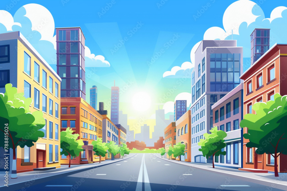 Empty city street. Landscape of a block with residential buildings in sunny summer weather. Panorama vector icon, white background, black colour icon