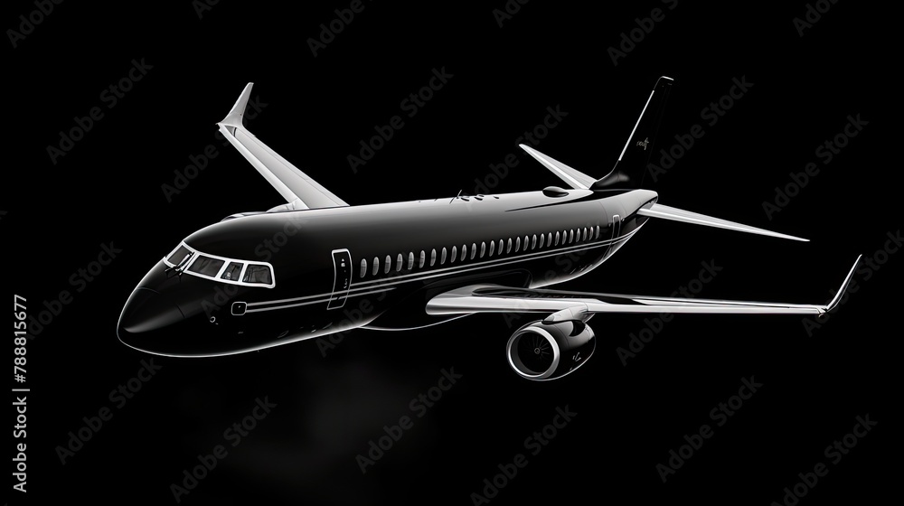 A sleek and stylish black private jet is shown in flight against a dark background. The jet is shown in a side view, with its wings spread wide. A sleek and stylish black private jet is shown in flight against a dark background. The jet is shown in a side view, with its wings spread wide.