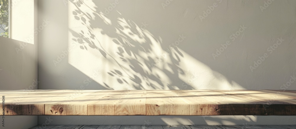 Table backdrop in an empty space and kitchen setting. A white wall with shadows during a sunny and warm morning. Area available for your design.