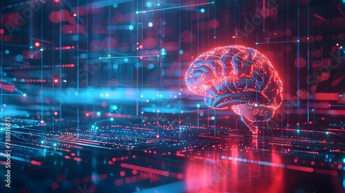 Abstract representation of a digital brain illuminated by streams of big data analytics  set against a technology-inspired background