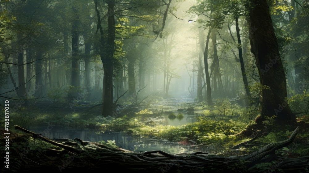 Obraz premium Mystical foggy forest with a magical atmosphere. The sun rays make their way through the tall trees.