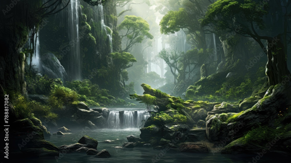 lush green foliage and cascading waterfalls create a magical atmosphere in this beautiful forest landscape. lush green foliage and cascading waterfalls create a magical atmosphere in this beautiful forest landscape.